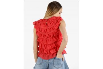 Women's crew-neck top with flounces and ruffles - RED