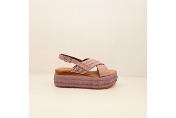 Sandale à semelle compensée en cuir et raphia pour femme - LILAC