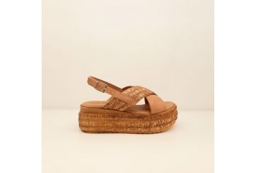 Sandale à semelle compensée en cuir et raphia pour femme - CUOIO