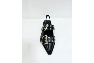 Scarpa bassa donna in ecopelle aperta dietro con fibbie regolabili - NERO